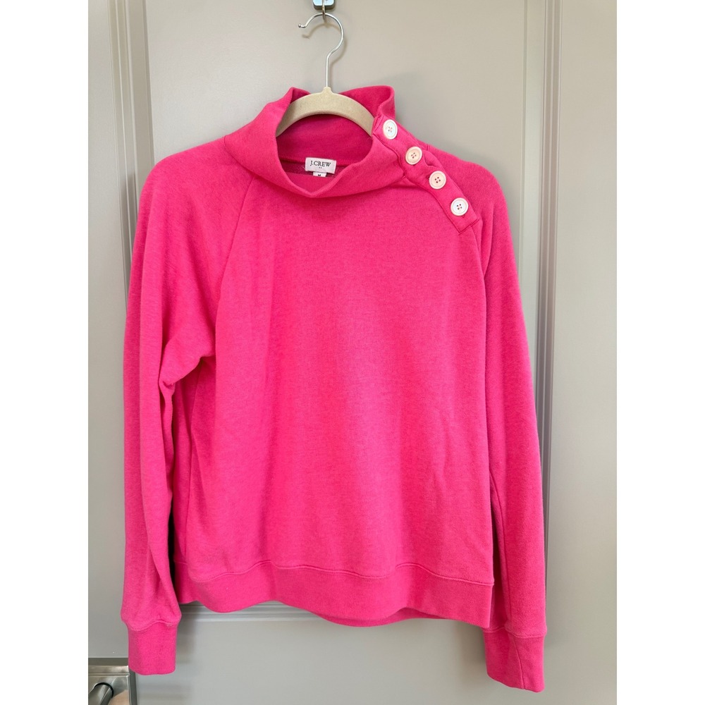 J.Crew Womens Hot Pink Button Shoulder Funnel Neck Fleece Sweatshirt Size M